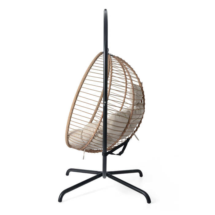 Sora - Outdoor Patio Wicker Hanging Chair With Stand - Beige / Brown