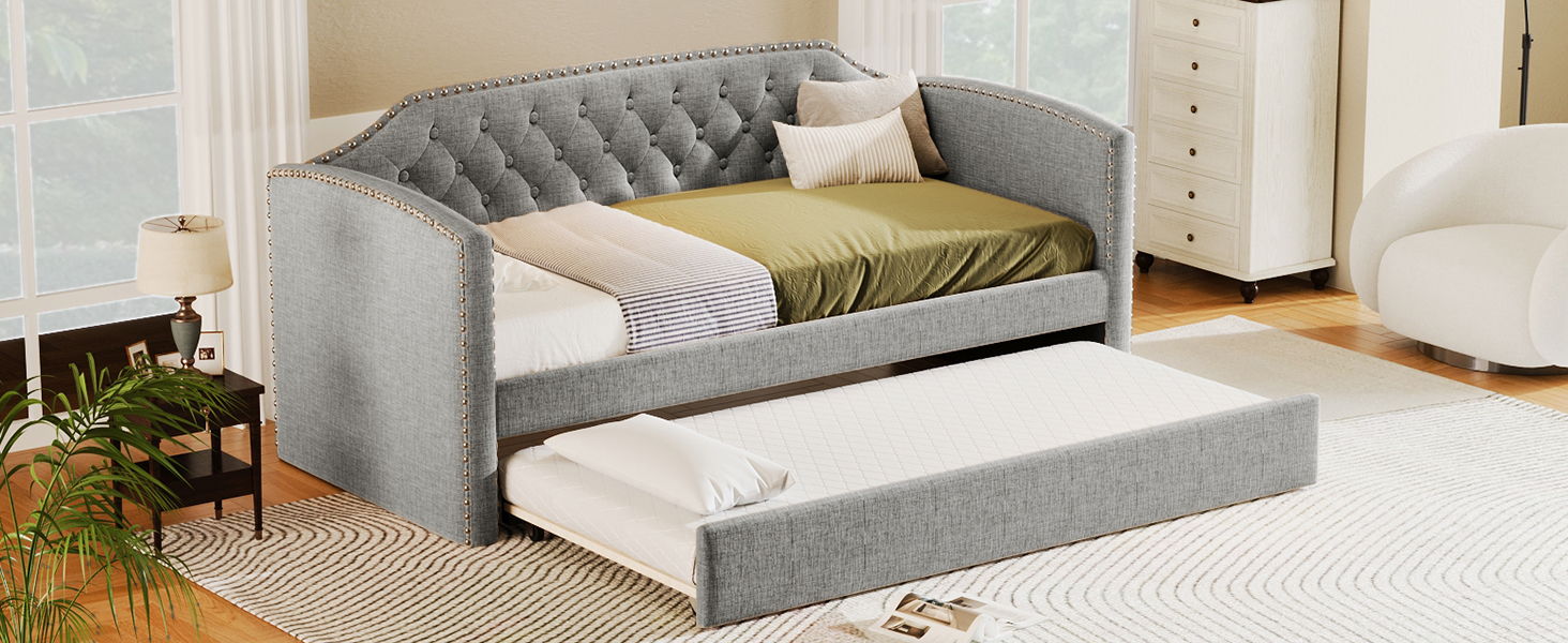 Twin Size Upholstered Daybed With Trundle For Guest Room, Small Bedroom, Study Room - Gray
