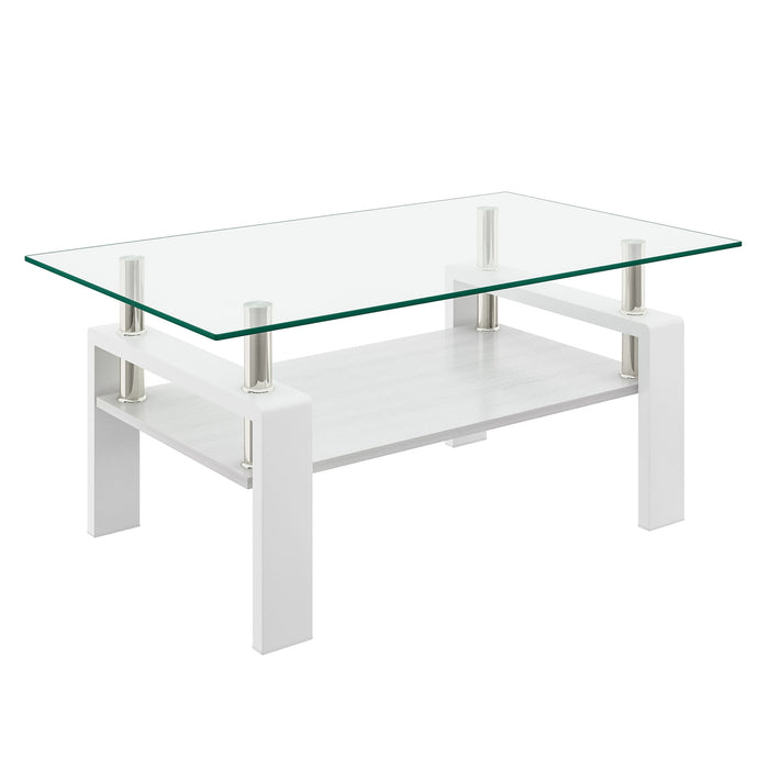 Modern Rectangular Coffee Table With Tempered Transparent Glass Top And Storage Shelf
