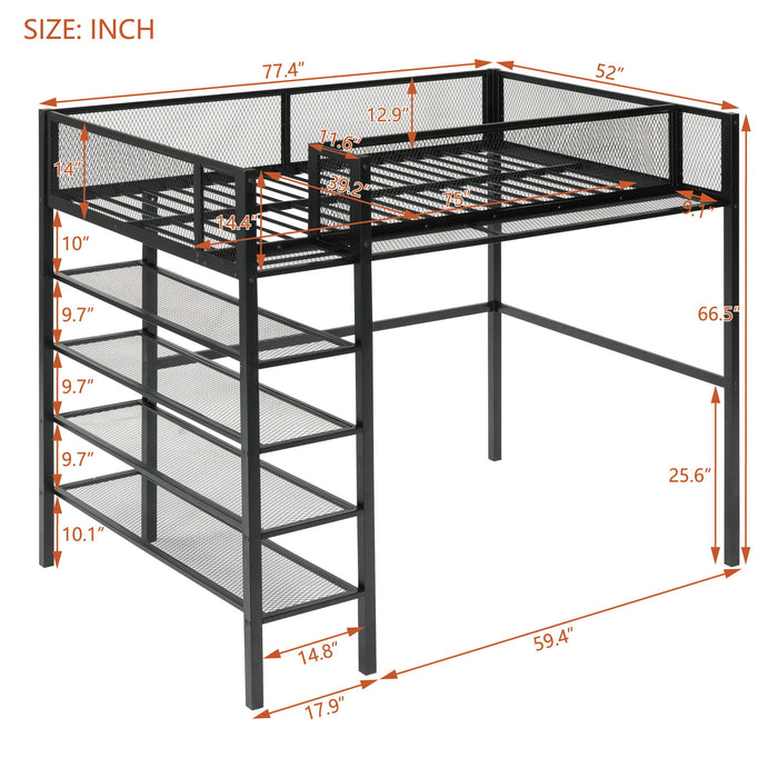Loft Bed With 4 Tier Shelves And Storage