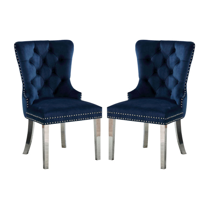 (Set of 2) Wingback Dining Chairs With Button Tufted Back In Blue And Chrome