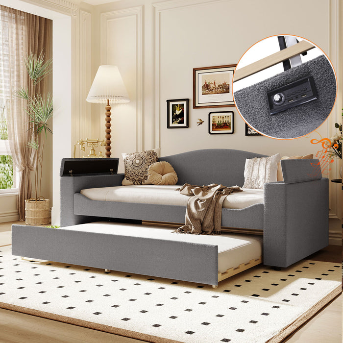 Upholstered Daybed With Storage Armrests, Trundle And Latest Integrated Bluetooth Audio System