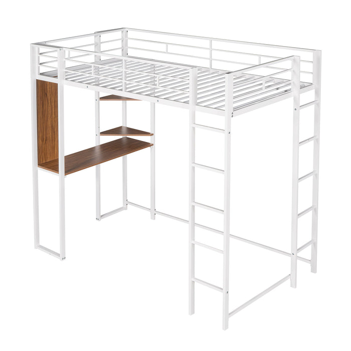 Hearth & Haven - Twin Metal Loft Bed With 2 Shelves And One Desk - White