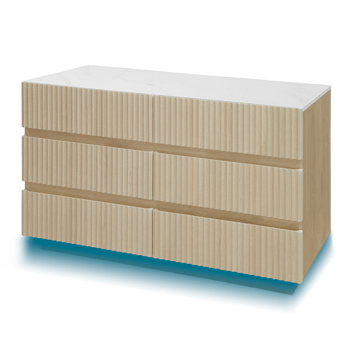 Fluted 6 Drawers Dresser, Double Dresser Chest Of Drawers, Modern Chest Of Drawers With LED, Drawer Organizer For Bedroom, Living Room, Hallway - Natural