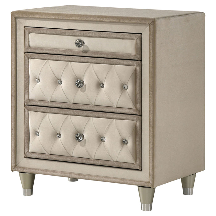 Antonella Upholstered 3-drawer Nightstand Ivory and Camel