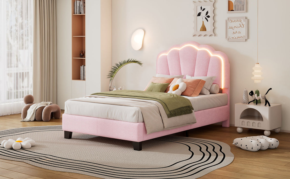Upholstered Elegant Flowers Headboard With LED Light Strip, Platform Bed With Slats Support