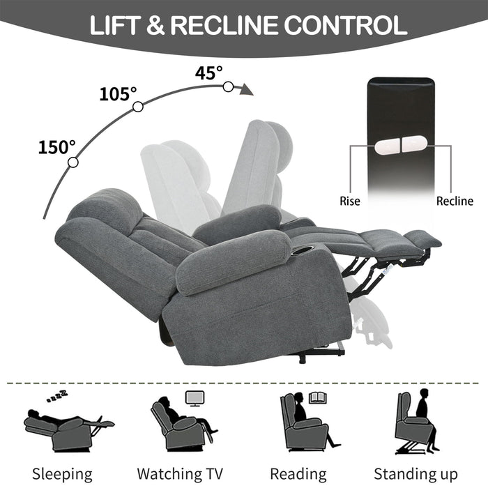 Power Lift Recliner Chair With Extended Footrest, Remote Control, Cup Holders, And Side Pockets