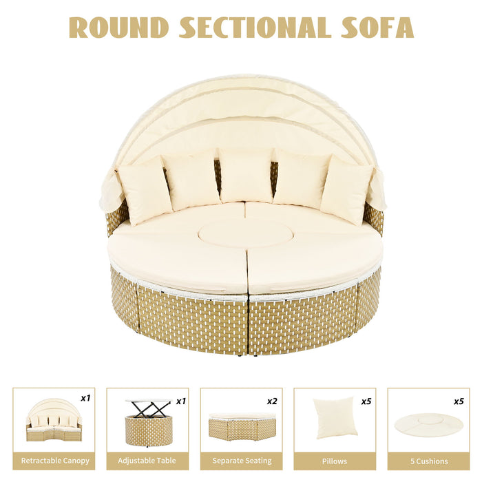 Topmax Patio Furniture Round Outdoor Sectional Sofa Set Rattan Daybed Two-Tone Weave Sunbed With Retractable Canopy, Separate Seating And Removable Cushion, Beige