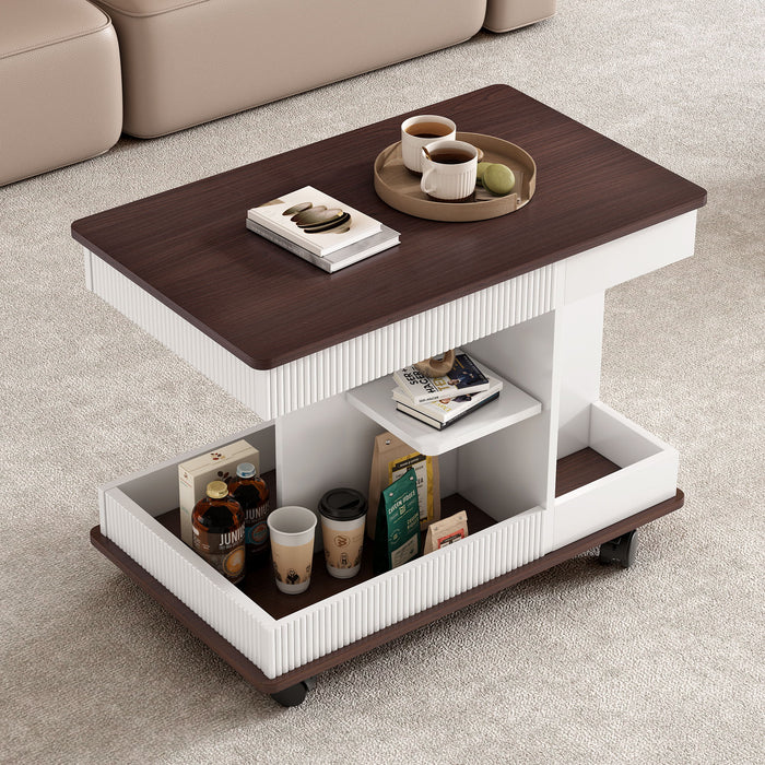 Adjustable End Table With Wheels, 360°Rotating Top And Storage Space