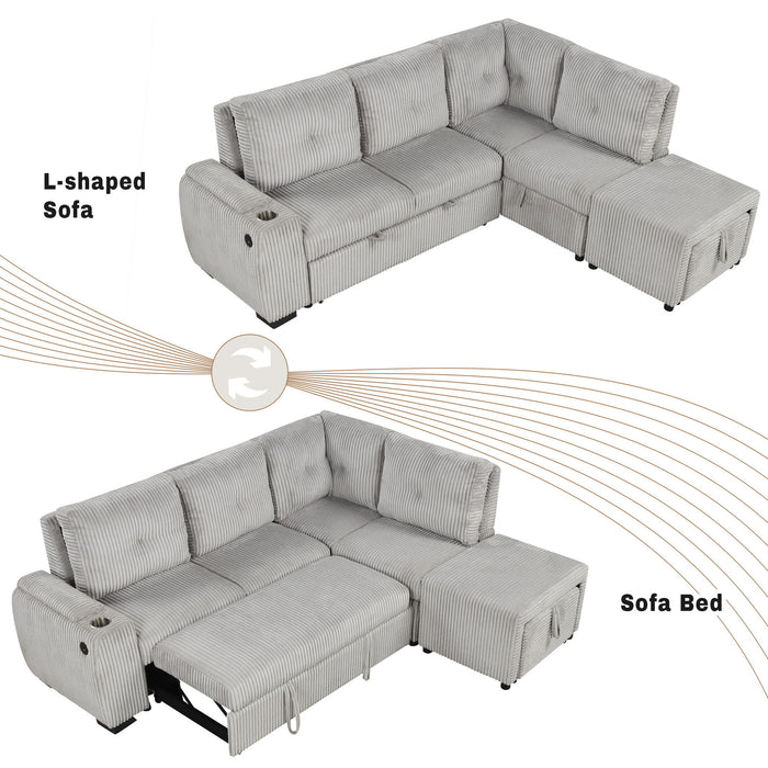 Pull-Out L-Shaped Sectional Sofa With Movable Ottoman And Stool, Large Storage Space, A Cup Holder, And 2 USB Ports For Living Room