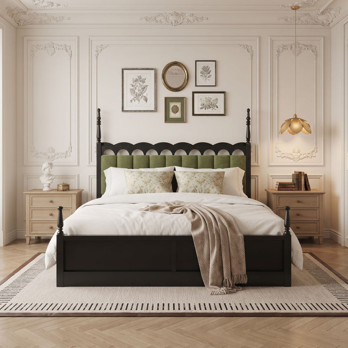 Platform Bed Frame With Tufted Upholstered Scallop Headboard