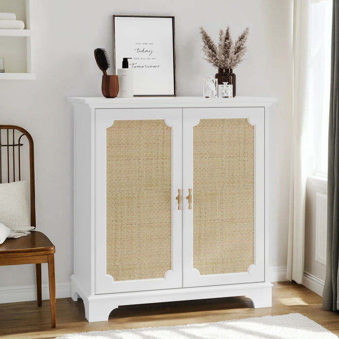 Rattan Decorated Sideboard Buffet Storage Liquor Cabinet - White