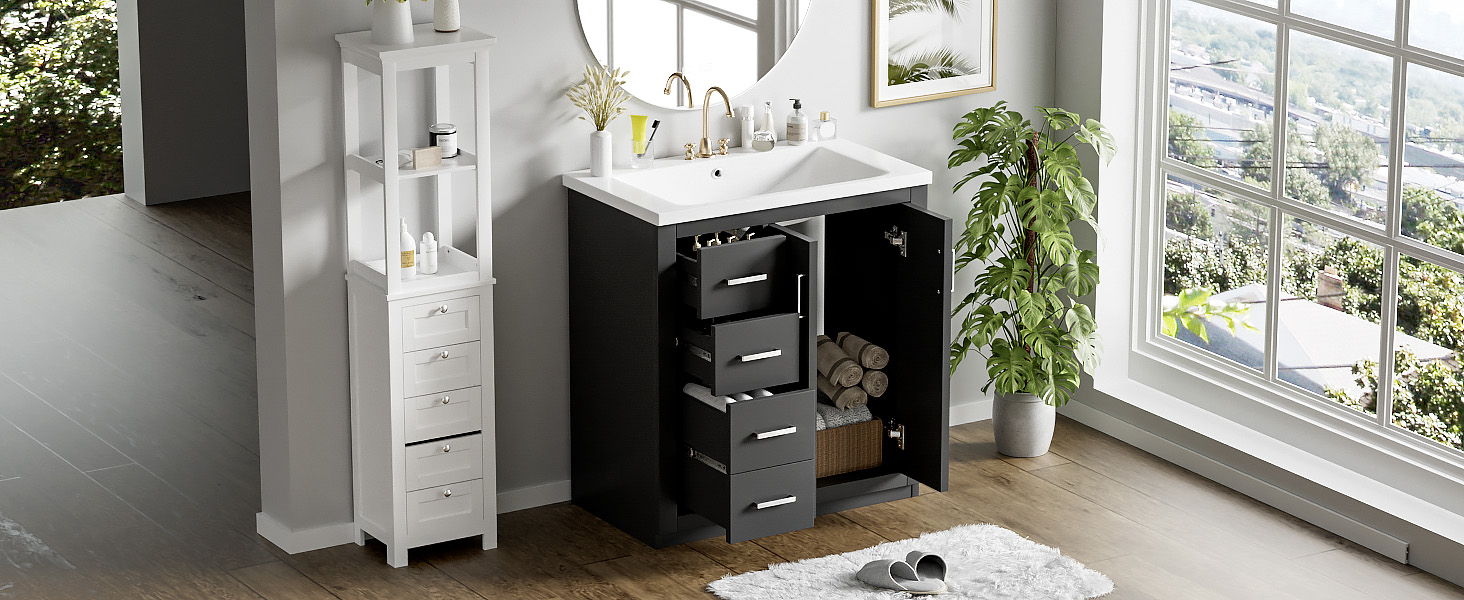 Ceramic Sink Combo, Freestanding Vanity Set With 3 Drawers & Soft Closing Doors