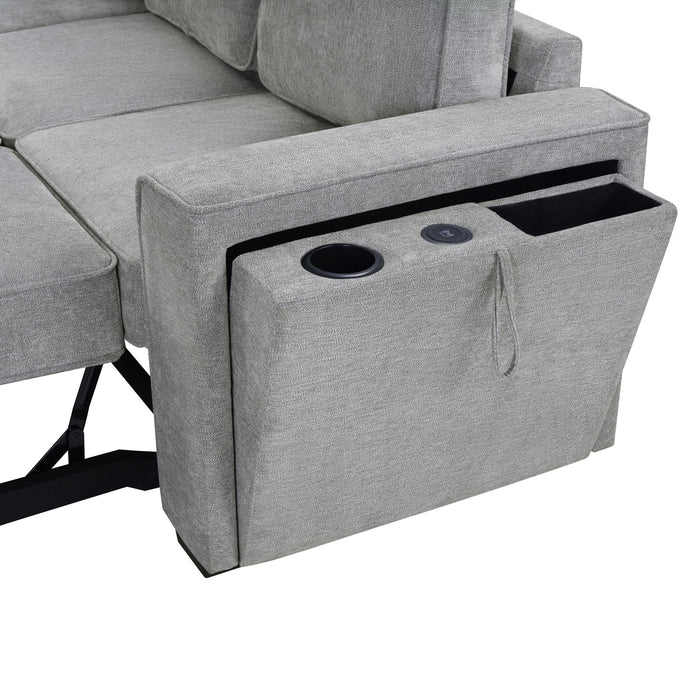 Convertible Sectional L-Shaped Sofa With Dual Pull-Out Sleepers, Flip-Top Table, USB Ports, Cup Holder & Storage