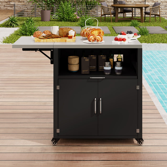Versatile Outdoor Cabinet With Folding & Expandable Work Surfaces, Ample Storage Space, And Lockable Wheels - Matte Black