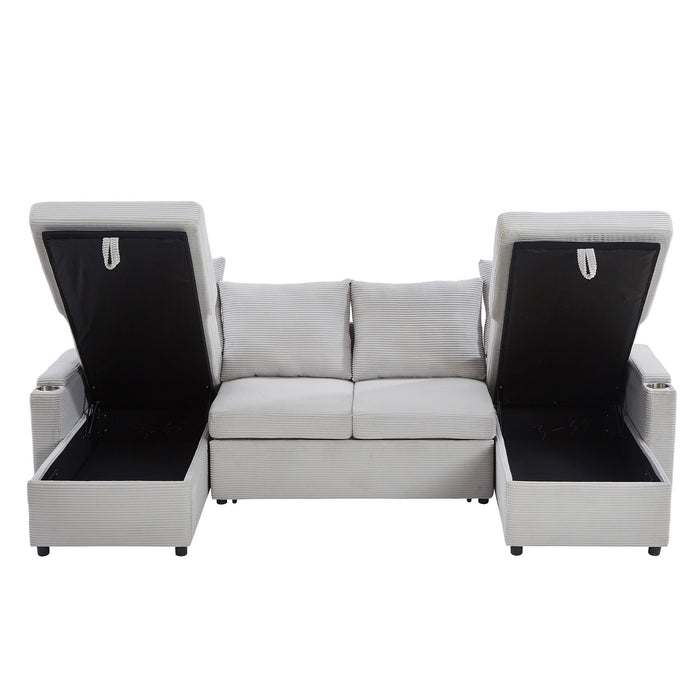 U Shaped Sectional Sofa Bed With Storage Chaise Lounges, USB Ports, And Cup Holders