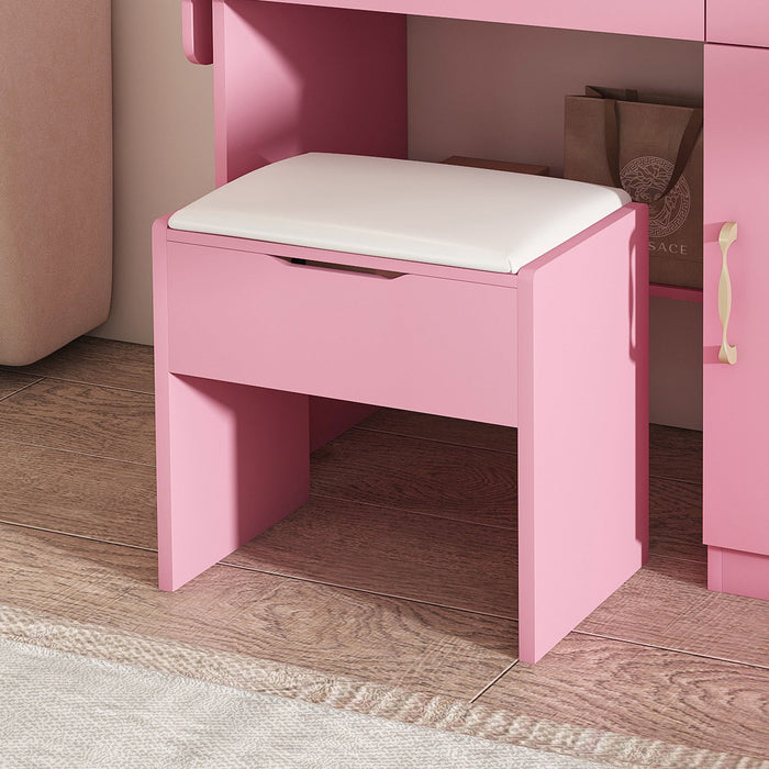 Vanity Desk With LED Mirror Lights And Power Outlet Charging Station, 3 Drawers, 7 Shelves, Storage Stool - Pink
