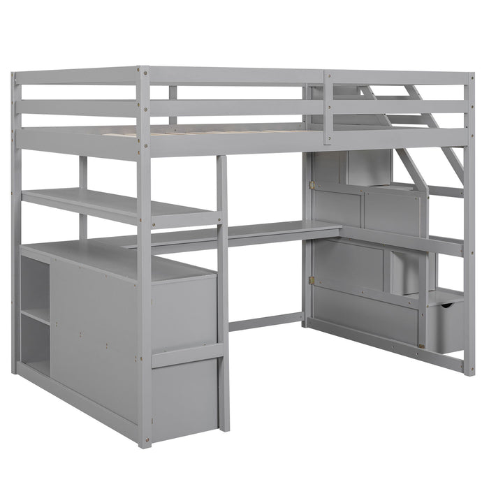 Loft Bed With Desk, Shelves, 2 Drawers, Storage Staircase