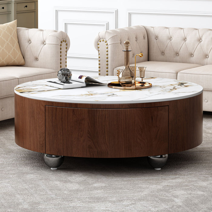 Round Coffee Table With 2 Drawers For Living Room - Walnut Brown / White / Multi