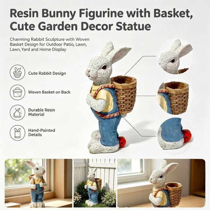 Simulated Couple Rabbit Statue Flower Pot Ornament, Resin Garden Sculpture Decor - Blue / White