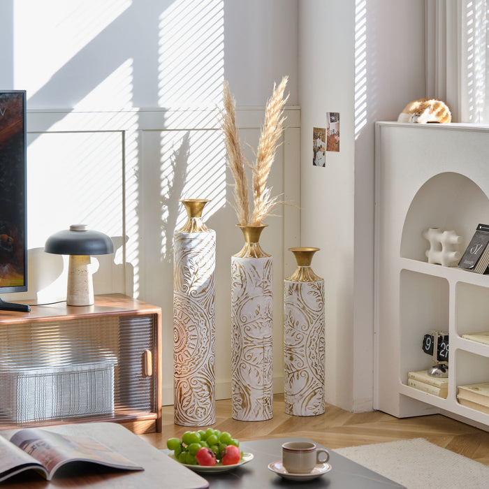 Floor Metal Vases Decorated Metal Vases (Set of 3) Gorgeous Home Decoration Large Glazed Metal Vases - White / Gold