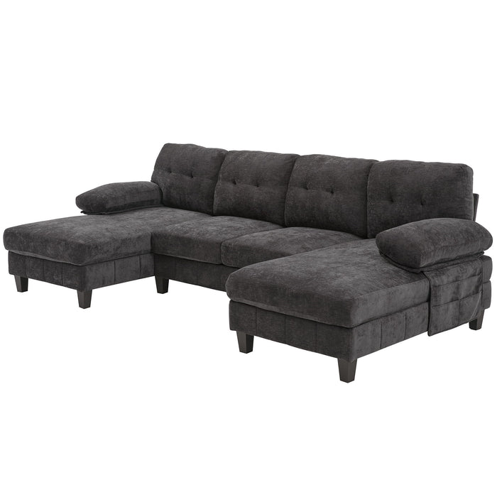 U-Shaped Sectional Sofa 103.5" Black Chenille Fabric Couch With Dual Chaise Lounges, Storage Pockets, Armrest Pillows