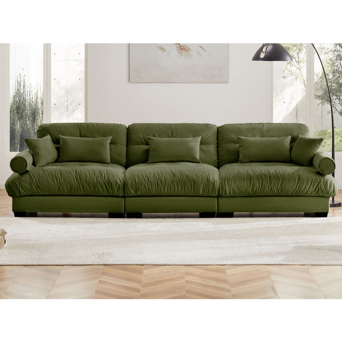 Modern Velvet Sofa With Bolstered Armrests And Pillows