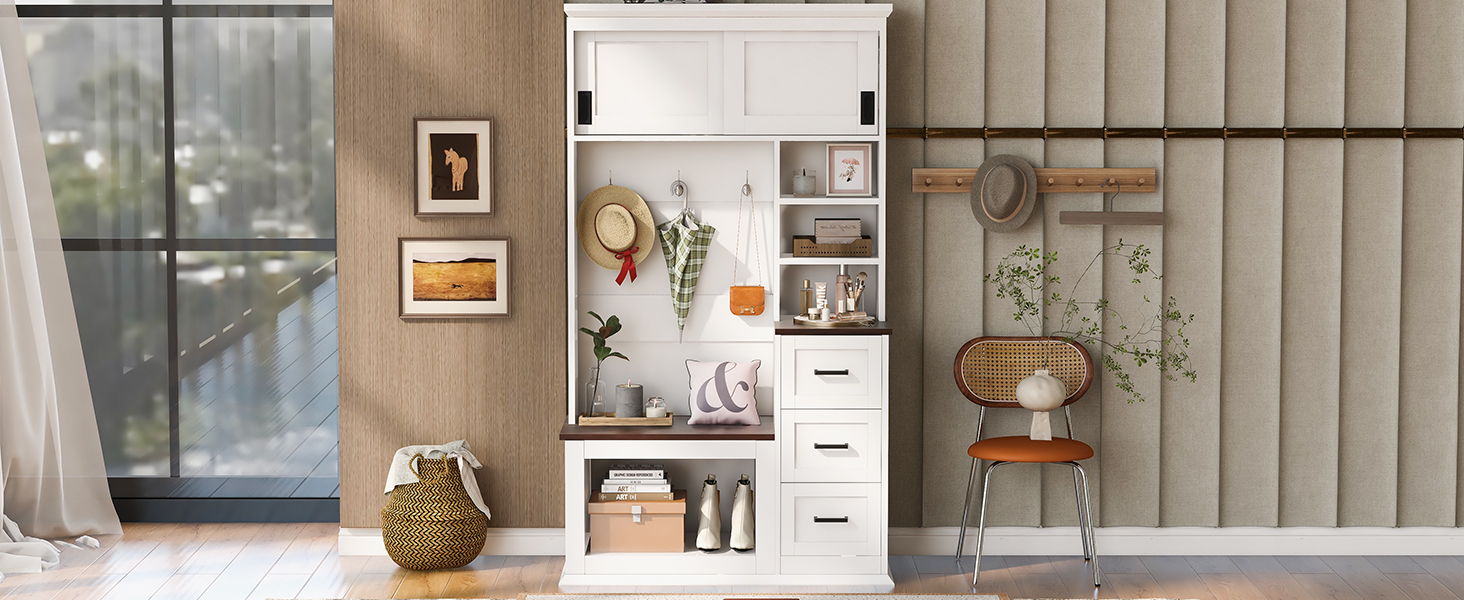 Modern Wide Hall Tree With Coat Rack, 3 Shelves And Drawers, 3 Sturdy Hooks