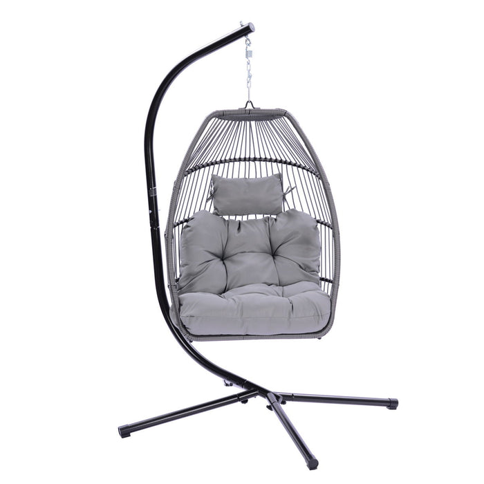 Outdoor Patio Wicker Folding Hanging Chair, Rattan Swing Hammock Egg Chair With Cushion And Pillow - Gray