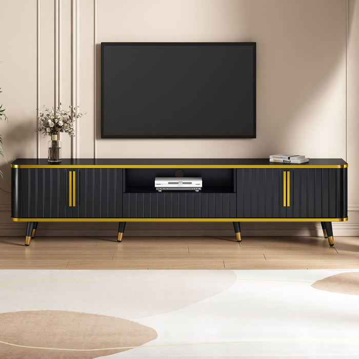 On Trend Luxury Minimalism TV Stand With Open Storage Shelf For TVs Up To 85" , Entertainment Center With Cabinets And Drawers, Practical Media Console With Unique Legs For Living Room, Black