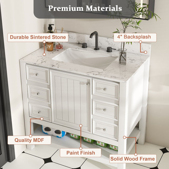 37" Bathroom Vanity With Artificial Marble Carrara Top, Multi Functional Cabinet With Doors And Drawer - White