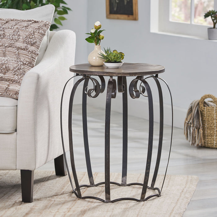 Modern Industrial End Table With Mango Wood Top And Iron Frame - Gray