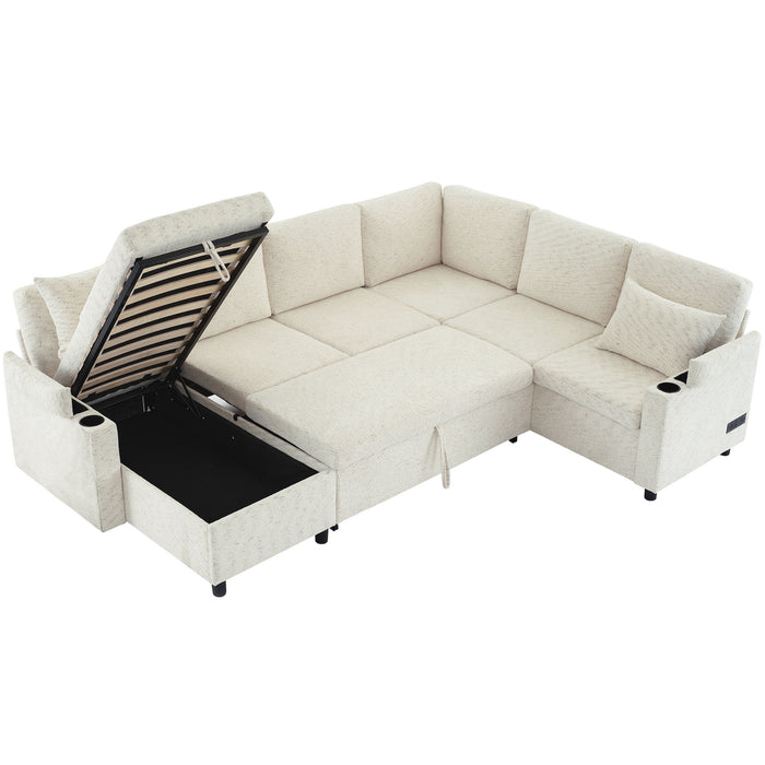 U-Shaped Sectional Sleeper Sofa With Ample Storage Space, 2 Cup Holders And Charging Ports For Living Room