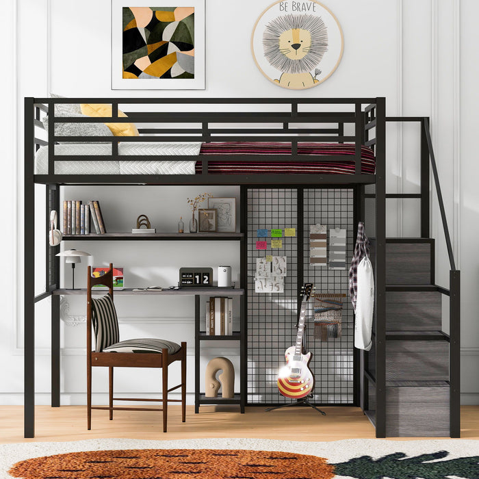 Metal Loft Bed With Wardrobe, Desk, Storage Shelves