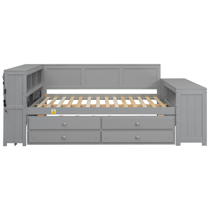 Daybed With Storage Shelves, Drawers, Trundle, Charging Station, LED Light, Desk And Cabinet