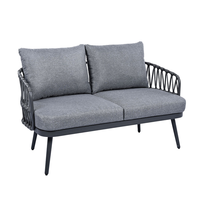 4 Piece Outdoor Patio Furniture Set, Metal Chairs With Woven Rope U Shaped Backrest