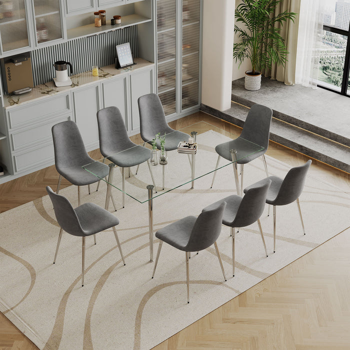 Dining Table (Set of 9) Tempered Glass Top Dining Table With Metal Legs And Eight Dining Chairs - Silver