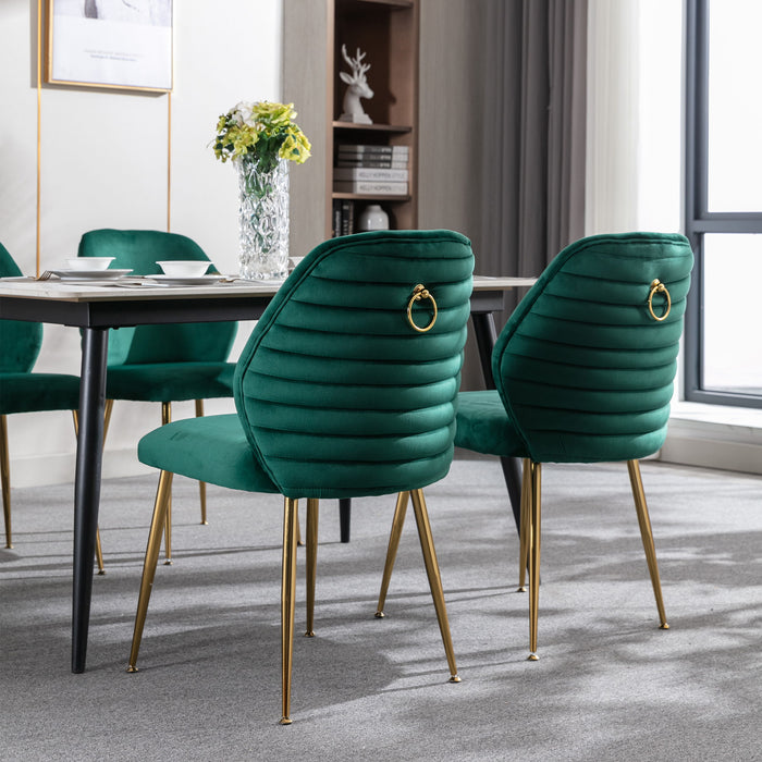 Modern Dining Chair (Set of 2), Woven Velvet Upholstered Side Chairs With Barrel Backrest And Gold Metal Legs, Accent Chairs For Living Room Bedroom, Green
