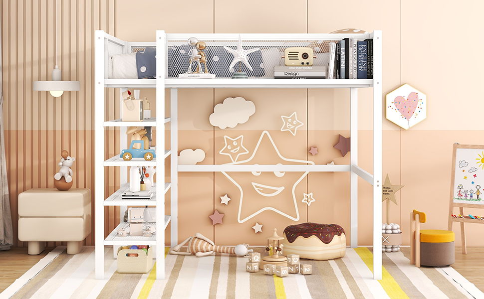 Loft Bed With 4 Tier Shelves And Storage