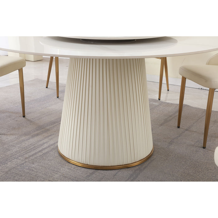 Modern Sintered Stone Dining Table With 31.5" Round Turntable For 8 Person With Wood And Metal Exquisite Pedestal