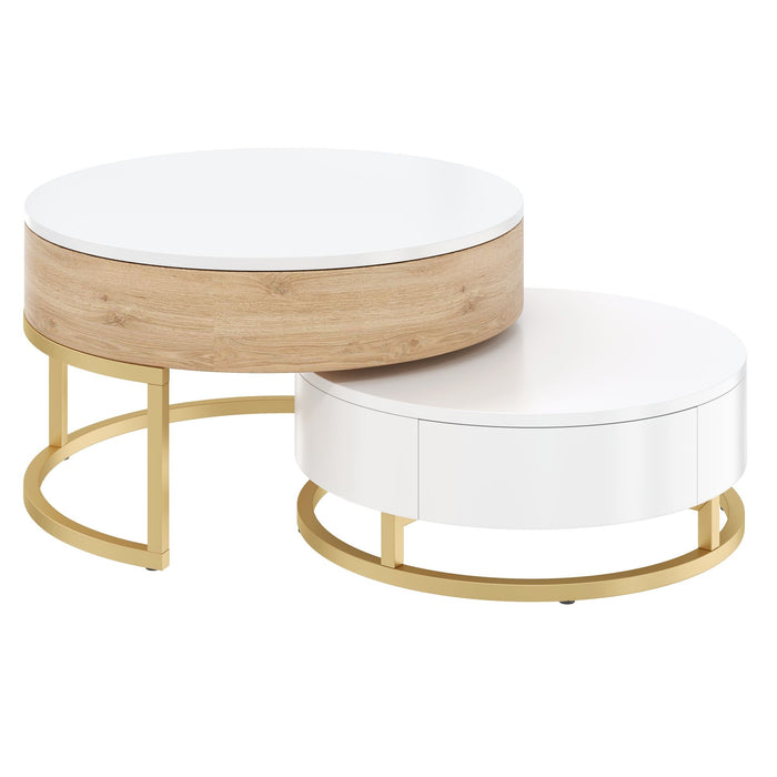 Modern Round Lift-Top Nesting Coffee Tables With 2 Drawers