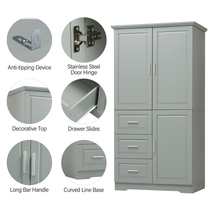 Tall And Wide Storage Cabinet With Doors For Bathroom Or Office, 3 Drawers - Gray