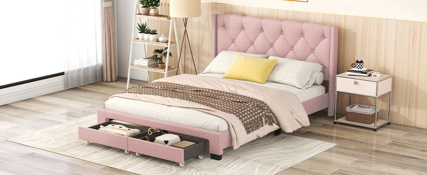 Queen Size Storage Bed Linen Upholstered Platform Bed & Two Drawers - Pink