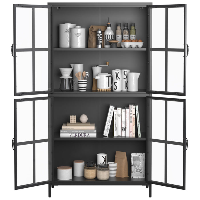 Premium Metal Storage Cabinet With Tempered Glass Doors, Adjustable Shelves, And Anti Tipping Device - Black