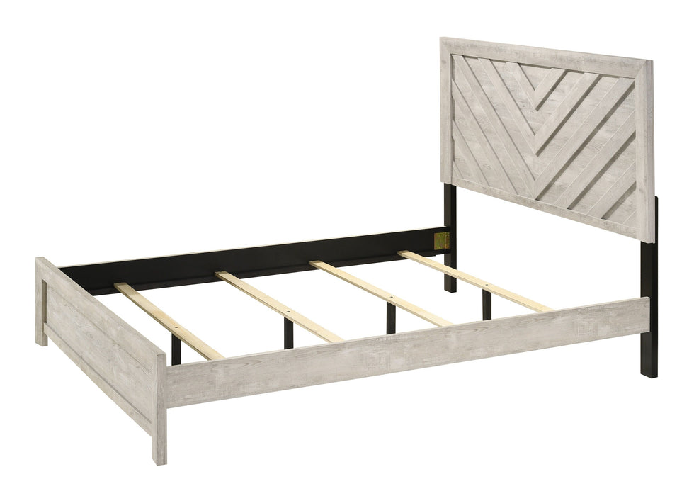 King Size Bed Rustic Beige Gray Finish Wooden Bedroom Furniture Geometric Design Chevron Pattern