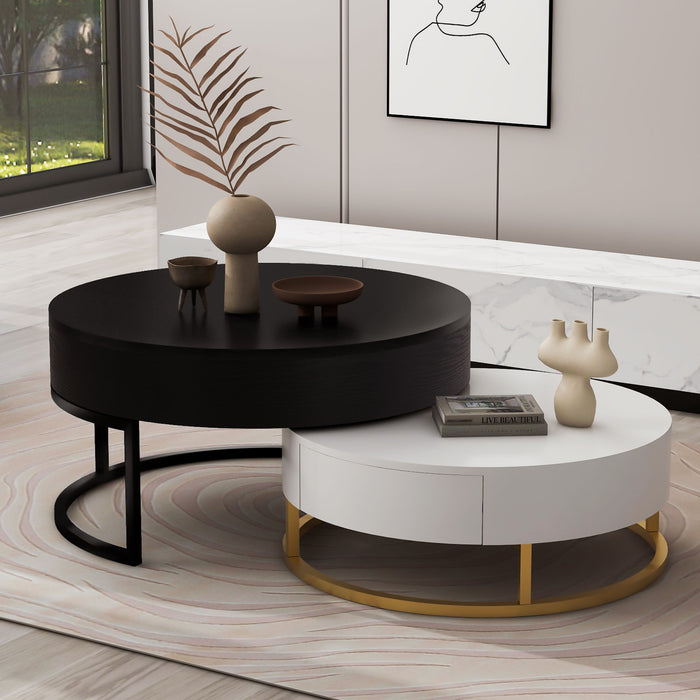 Modern Round Lift-Top Nesting Coffee Tables With 2 Drawers