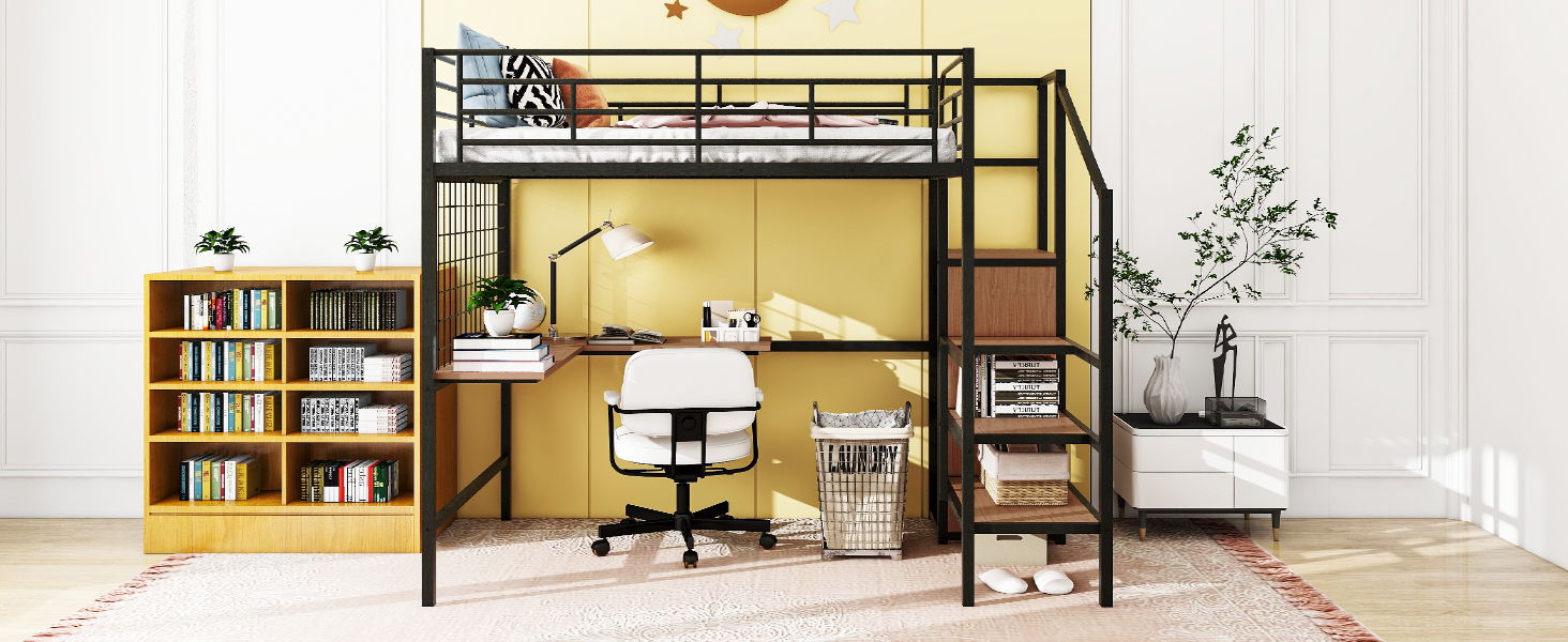 Loft Bed With Desk And Grid, Stylish Frame With Lateral Storage Ladder And Wardrobe