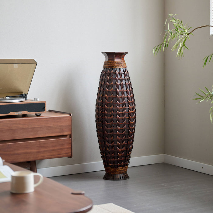 Hand Woven Bamboo Floor Vase, Decorative Accent For Living Room - Acacia Wood