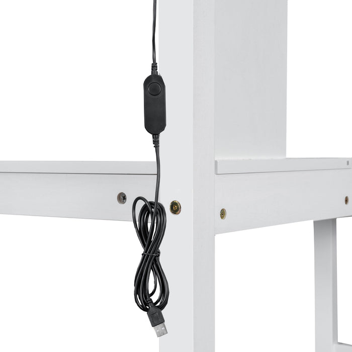 Loft Bed With Built In L Shaped Desk, LED Lights, Storage Shelves, Cabinets, And Staircase