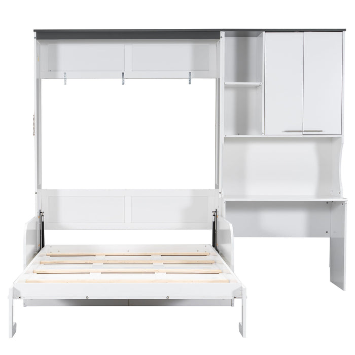Multi Functional Murphy Bed With Sofa, Desk, And Storage Cabinet In, Full Size - White